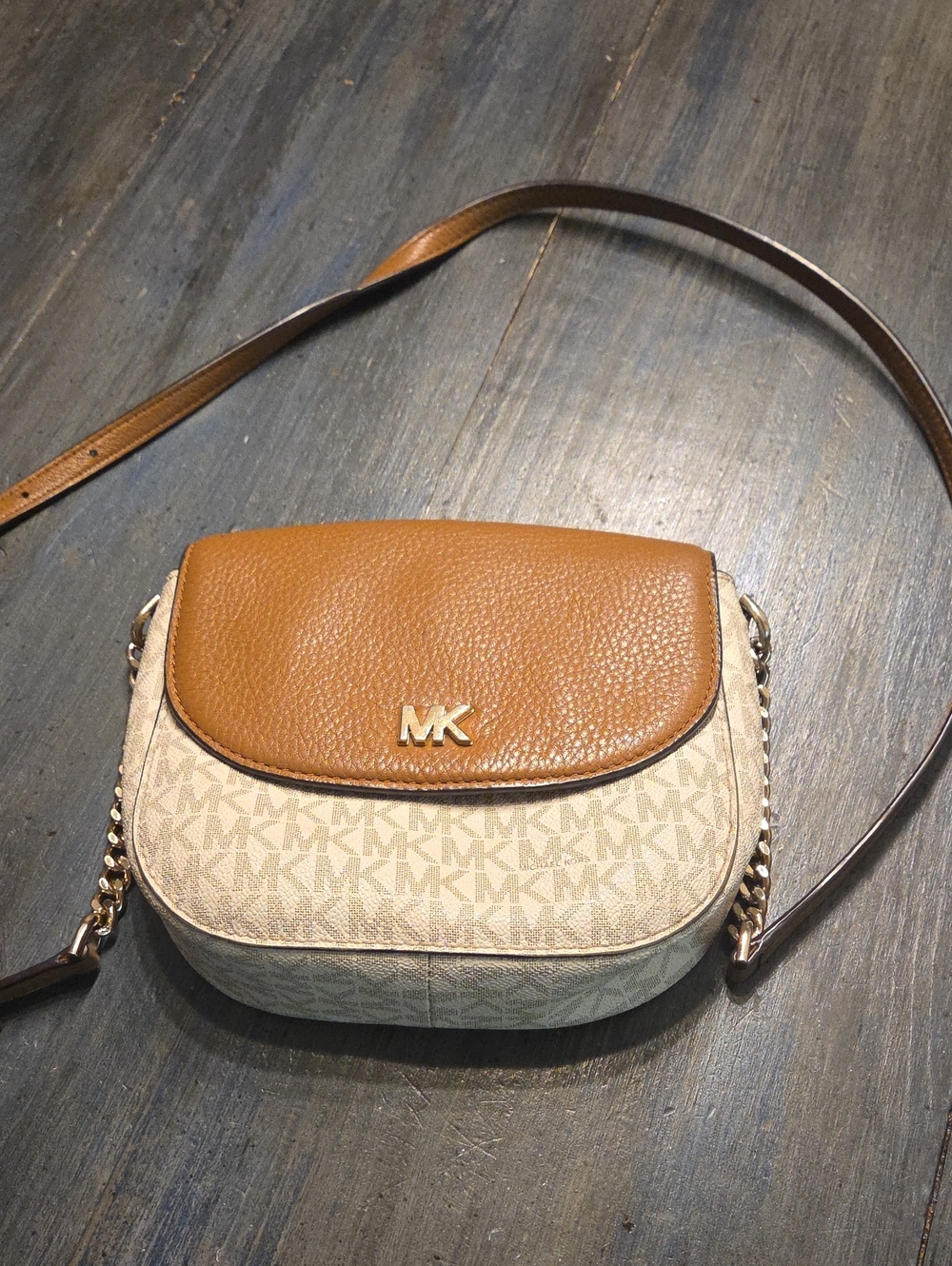 Michael Kors Almond/Beige Logo Crossbody with Gold MK